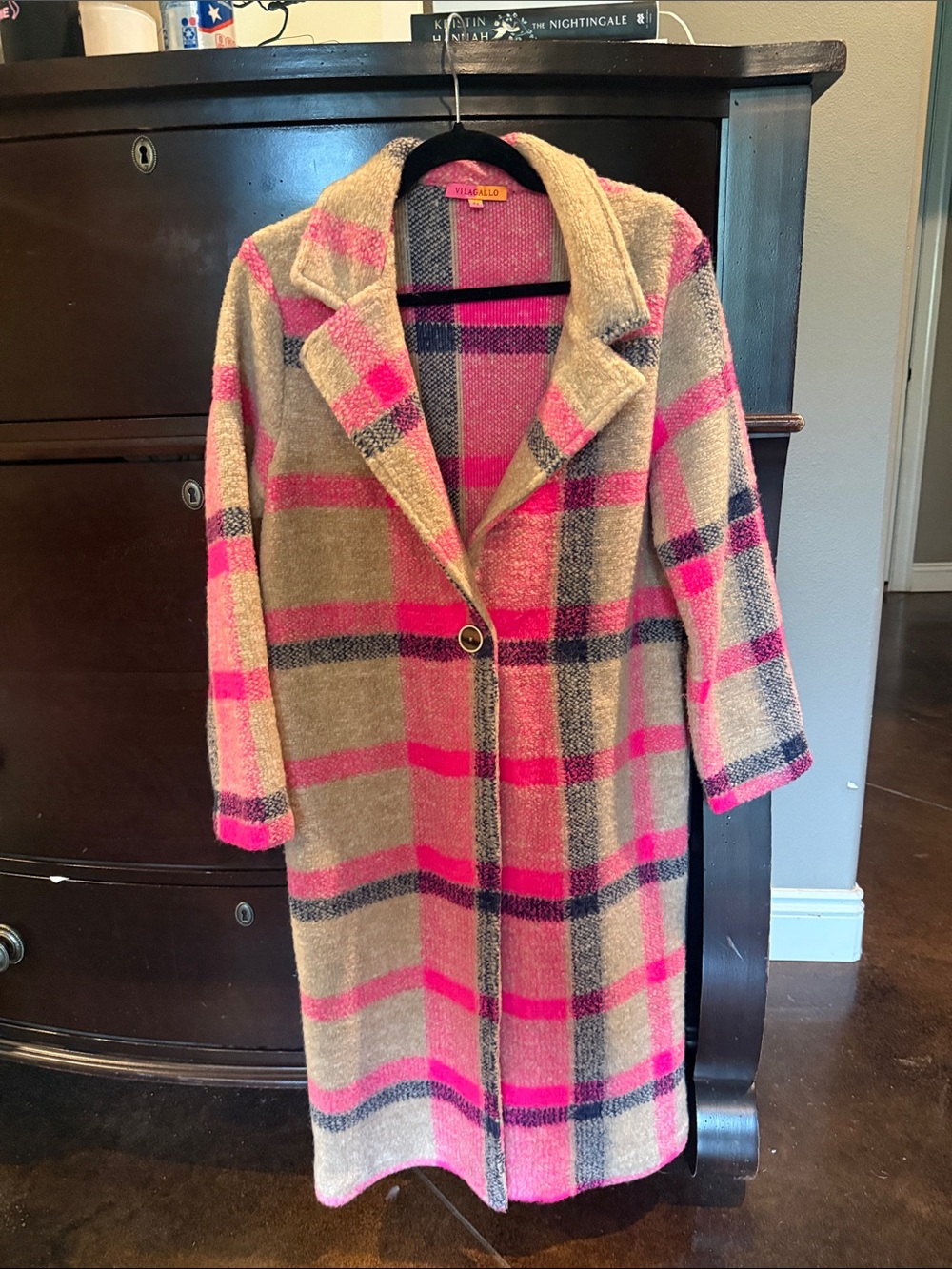 Vilagallo Pink & Beige Plaid Long Trench Coat